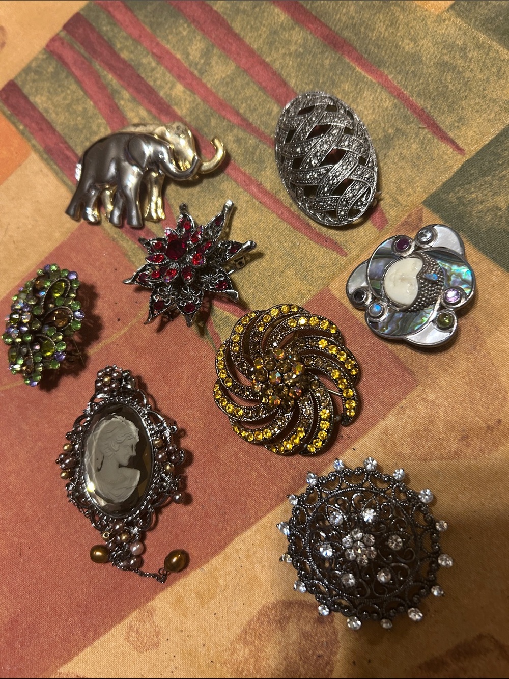 Vintage-Inspired Mixed Brooch Lot — Multicolor Rhinestone and Cameo Accents